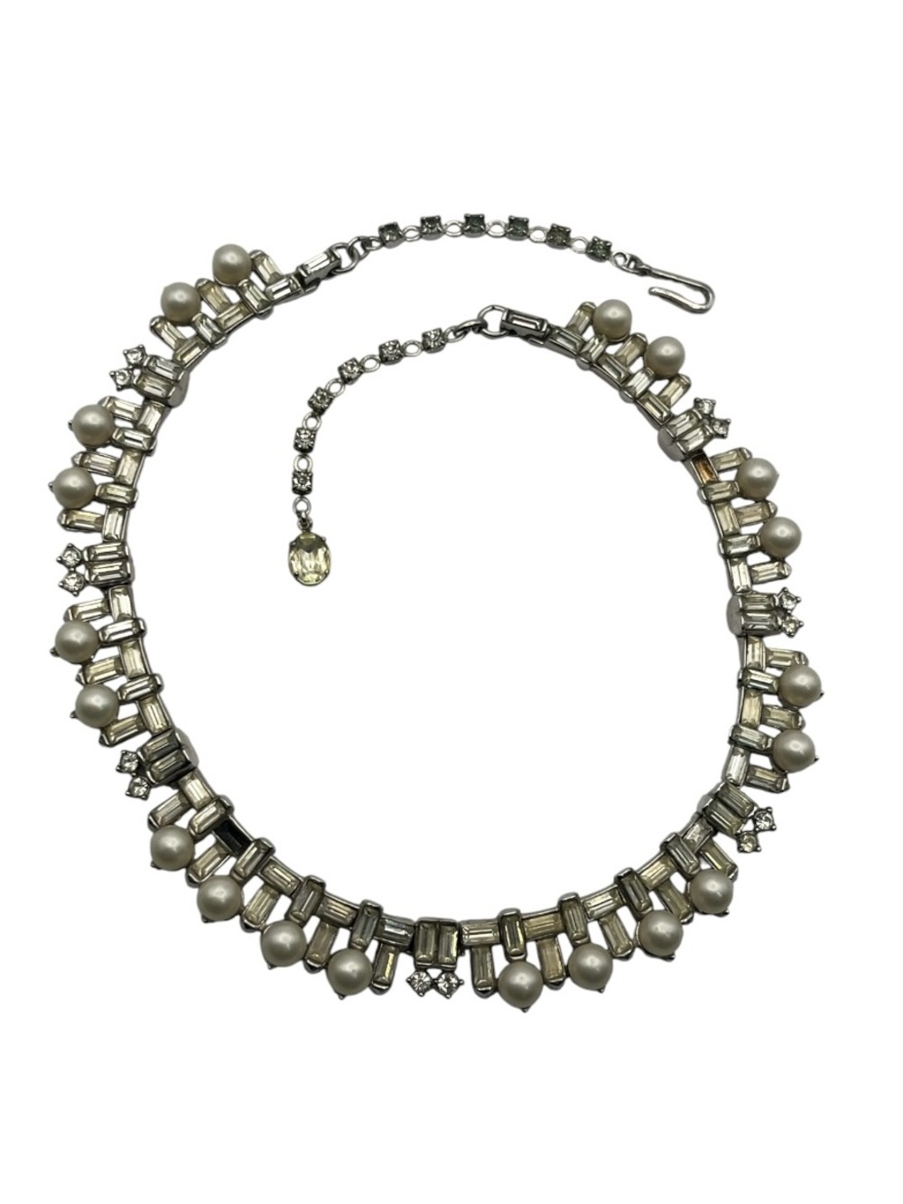 Crown Trifari clear baguette rhinestone faux pearl silver tone vintage necklace